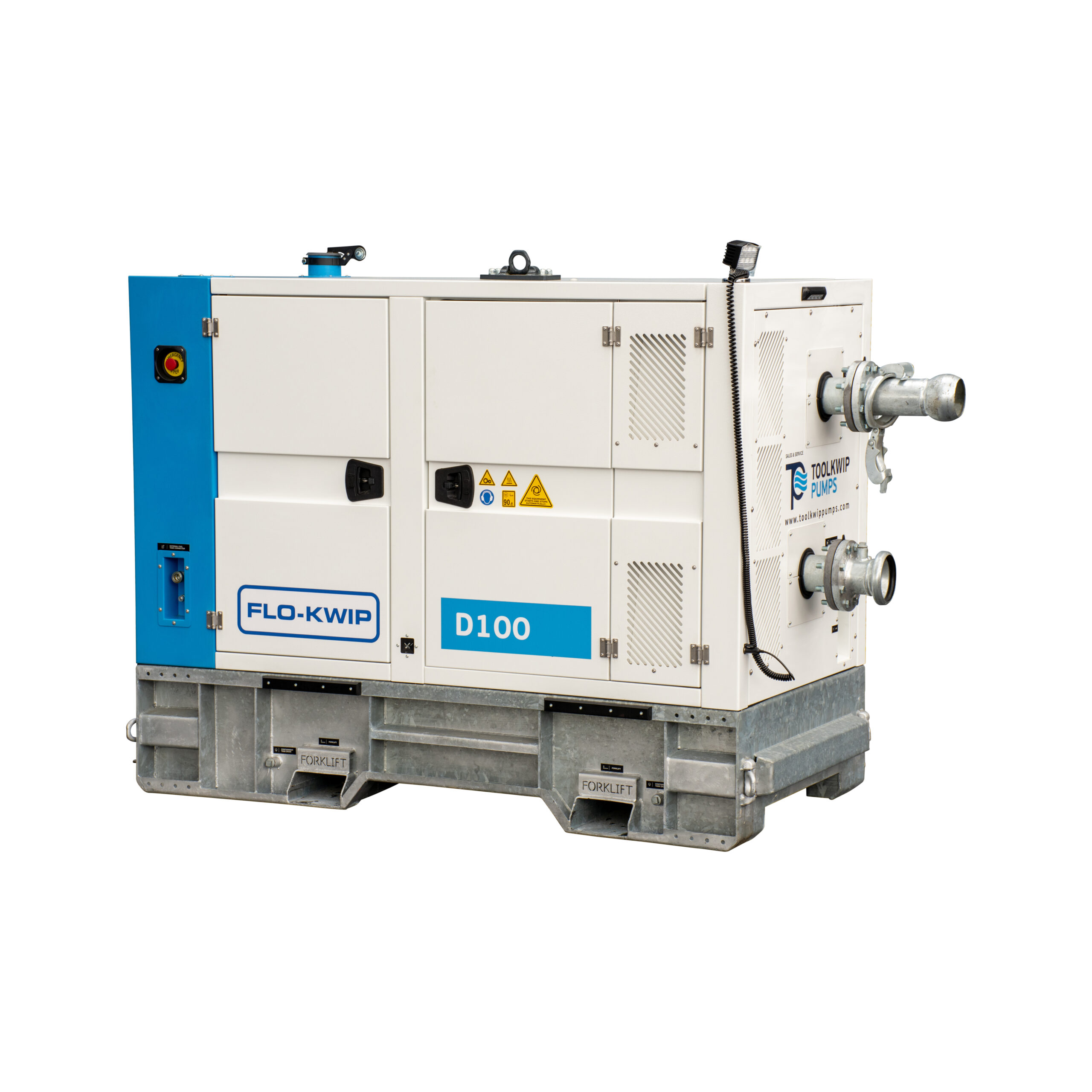 High quality studio product photo of a Flo-Kwip D100 industrial dewatering pump on a white background, captured for commercial photography and equipment marketing