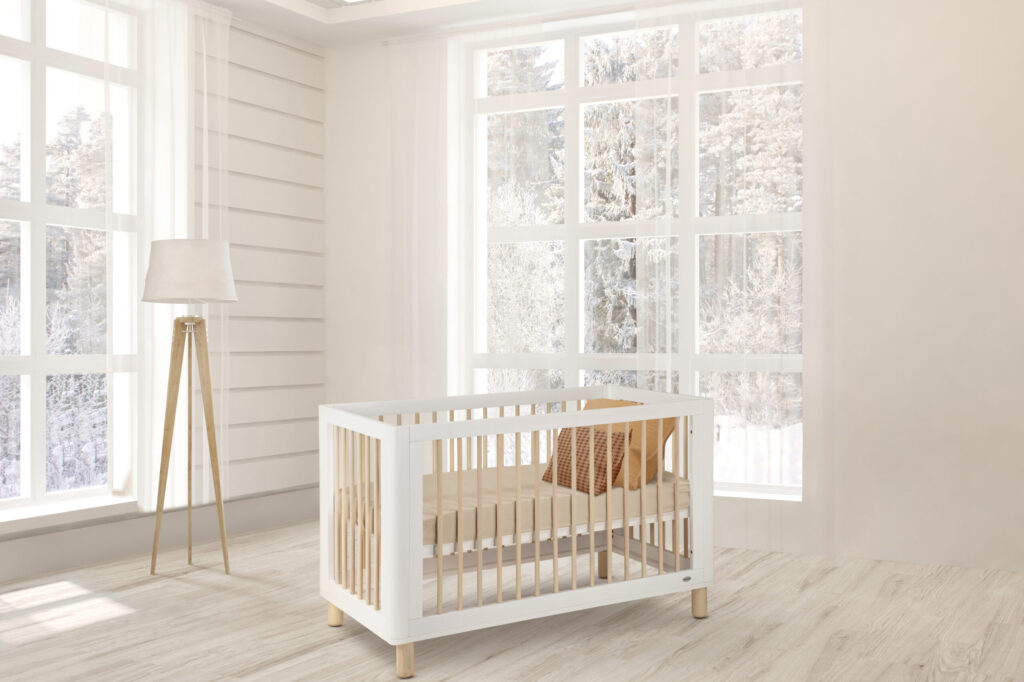 White living room with armchair and winter landscape in window. Scandinavian interior design. 3D illustration