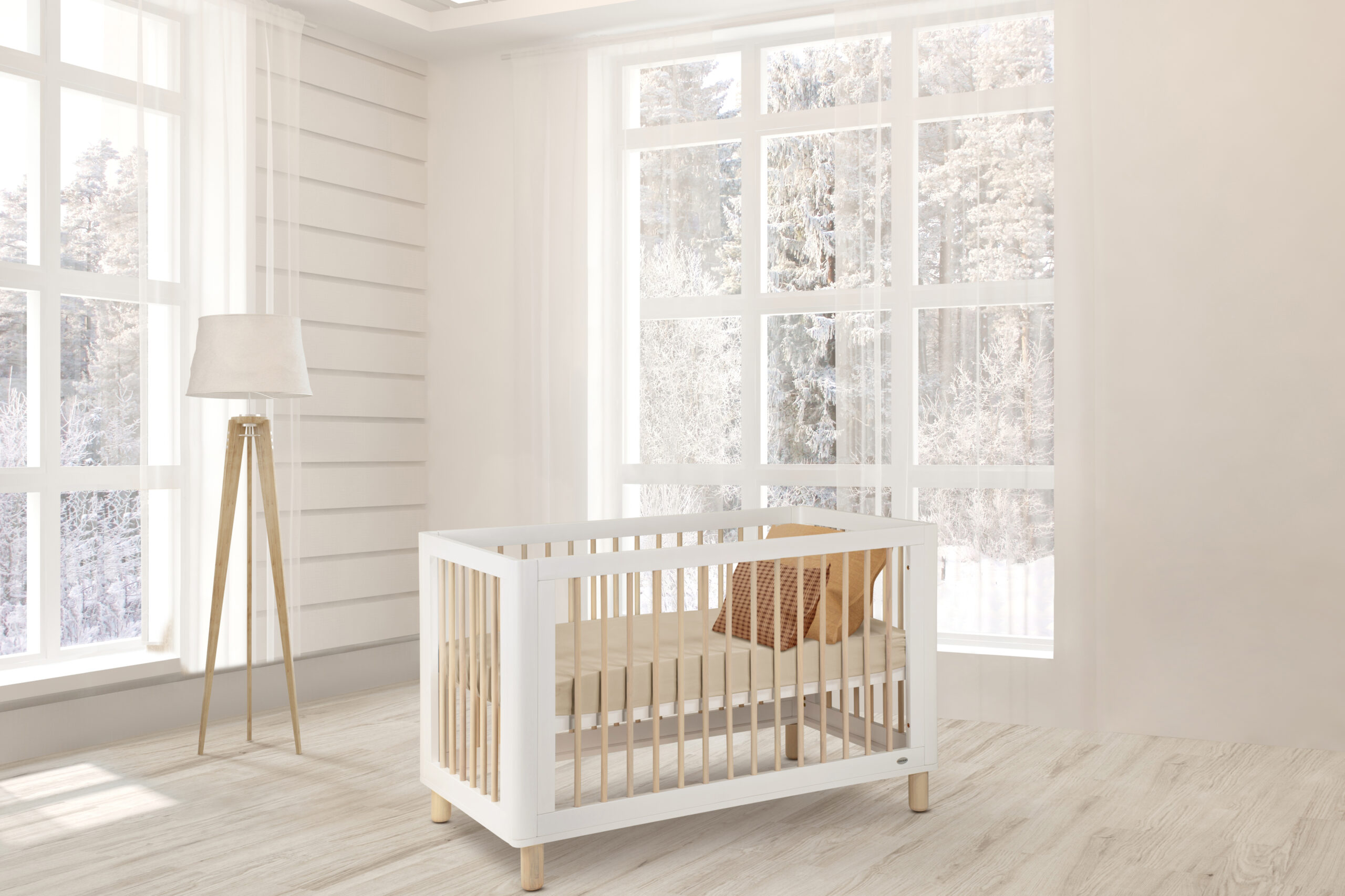 White living room with armchair and winter landscape in window. Scandinavian interior design. 3D illustration