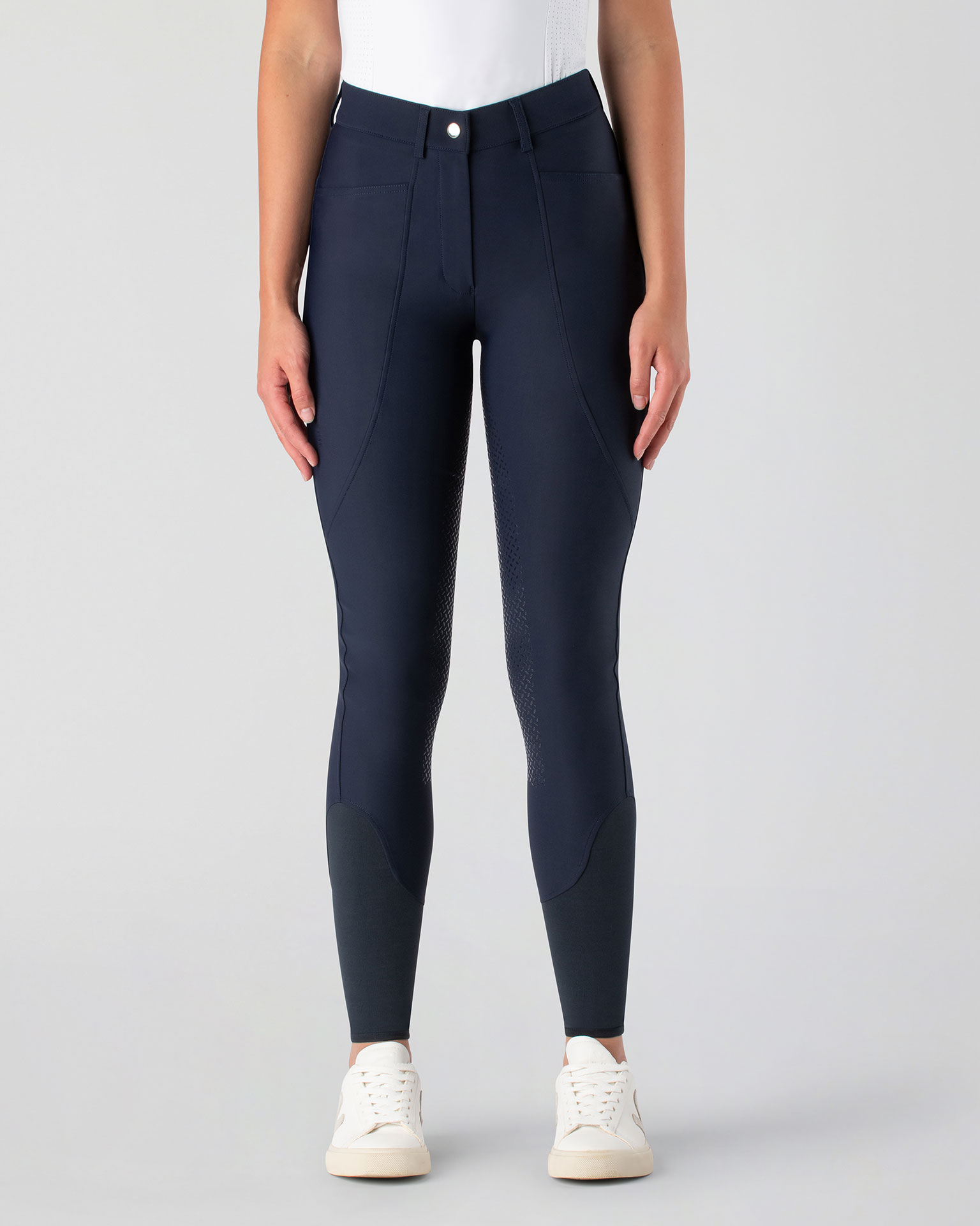Navy equestrian riding pants front view on white background
